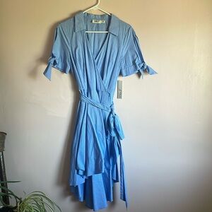 Pinstripe tie sleeve ruffle wrap dress